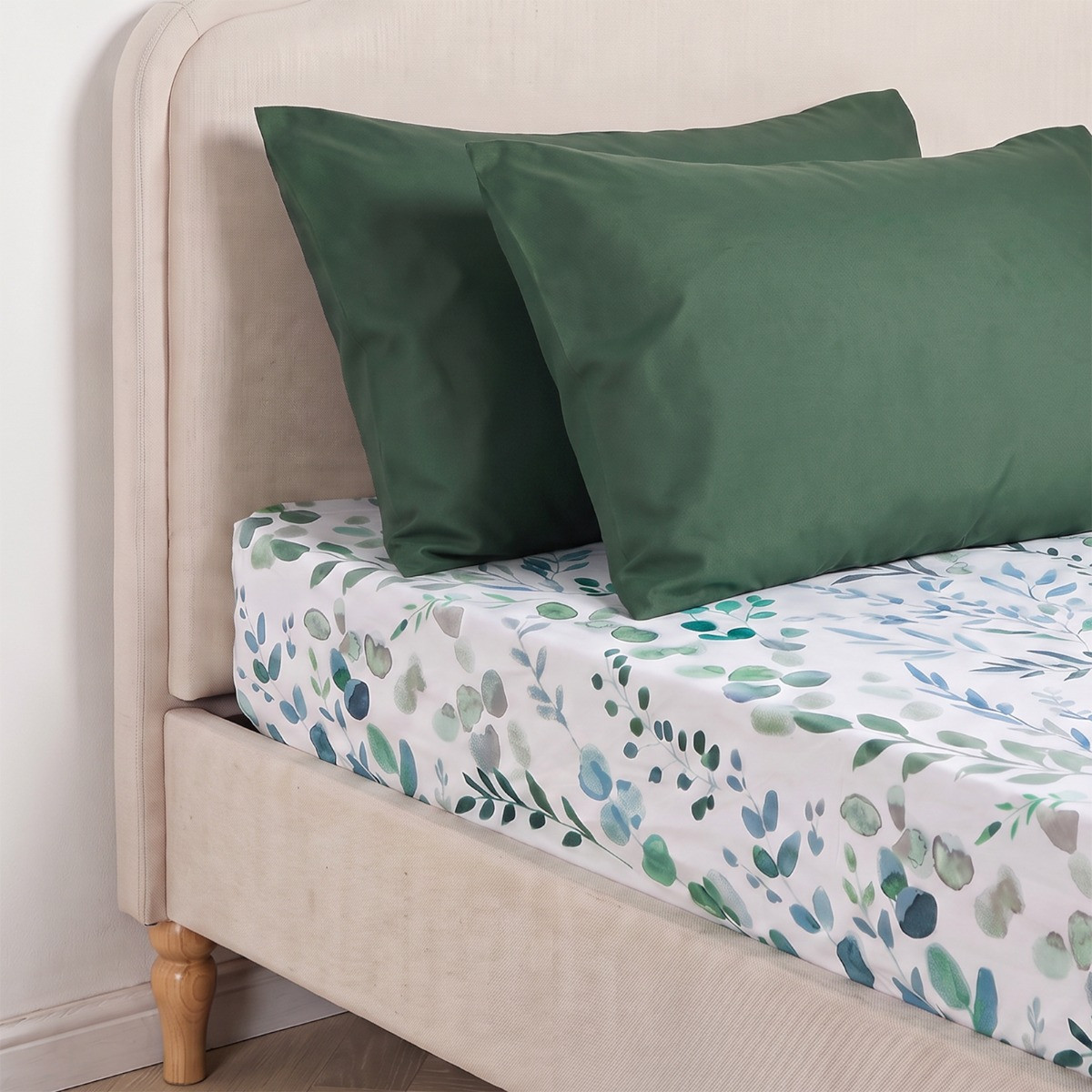 OHS Floral Print Watercolour Fitted Sheet - White/Green>
