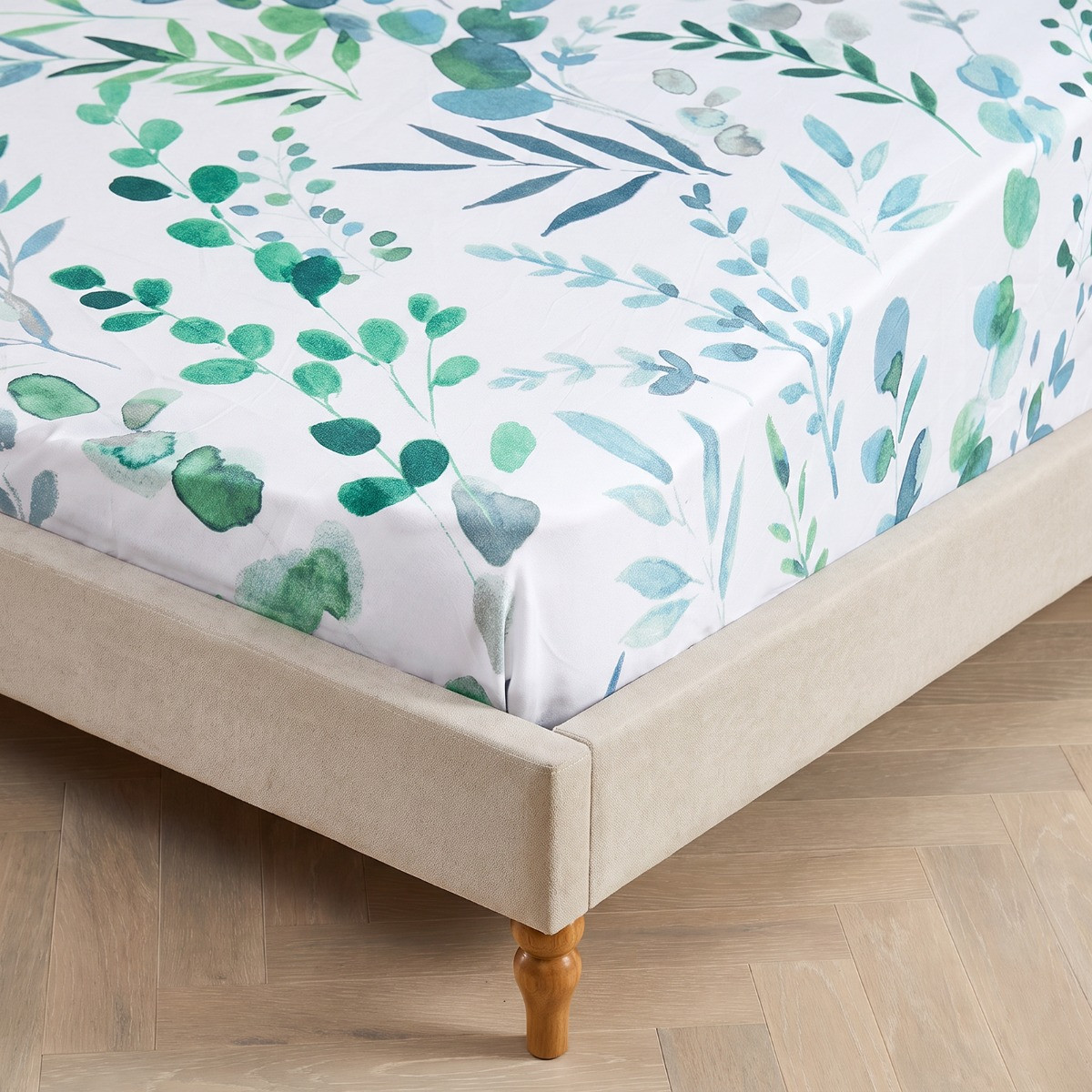 OHS Floral Print Watercolour Fitted Sheet - White/Green>