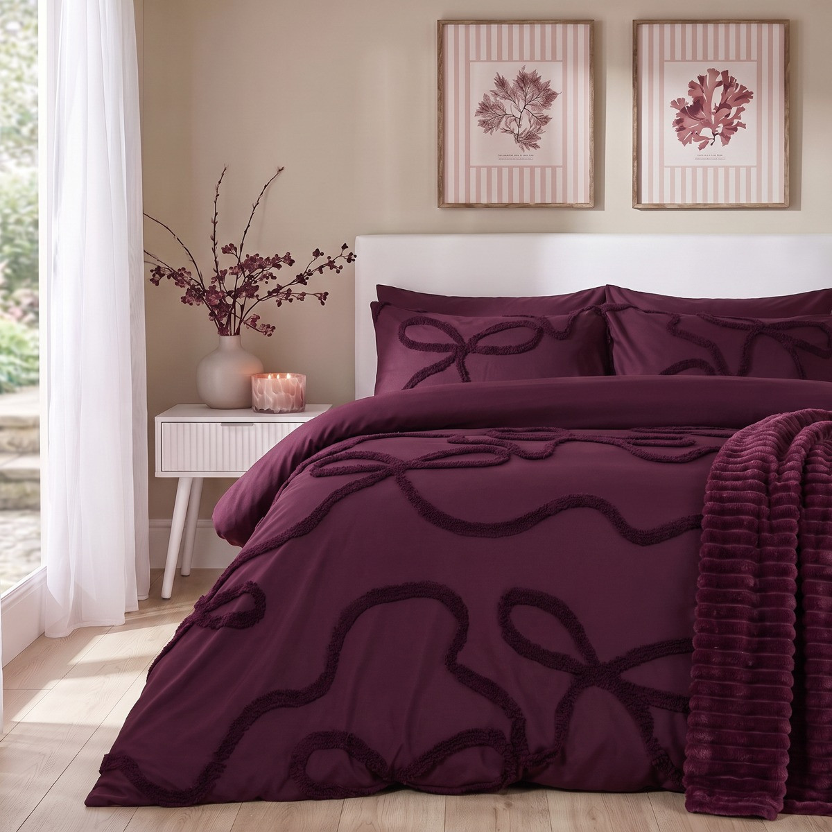 OHS Tufted Bows Duvet Cover Set - Plum>
