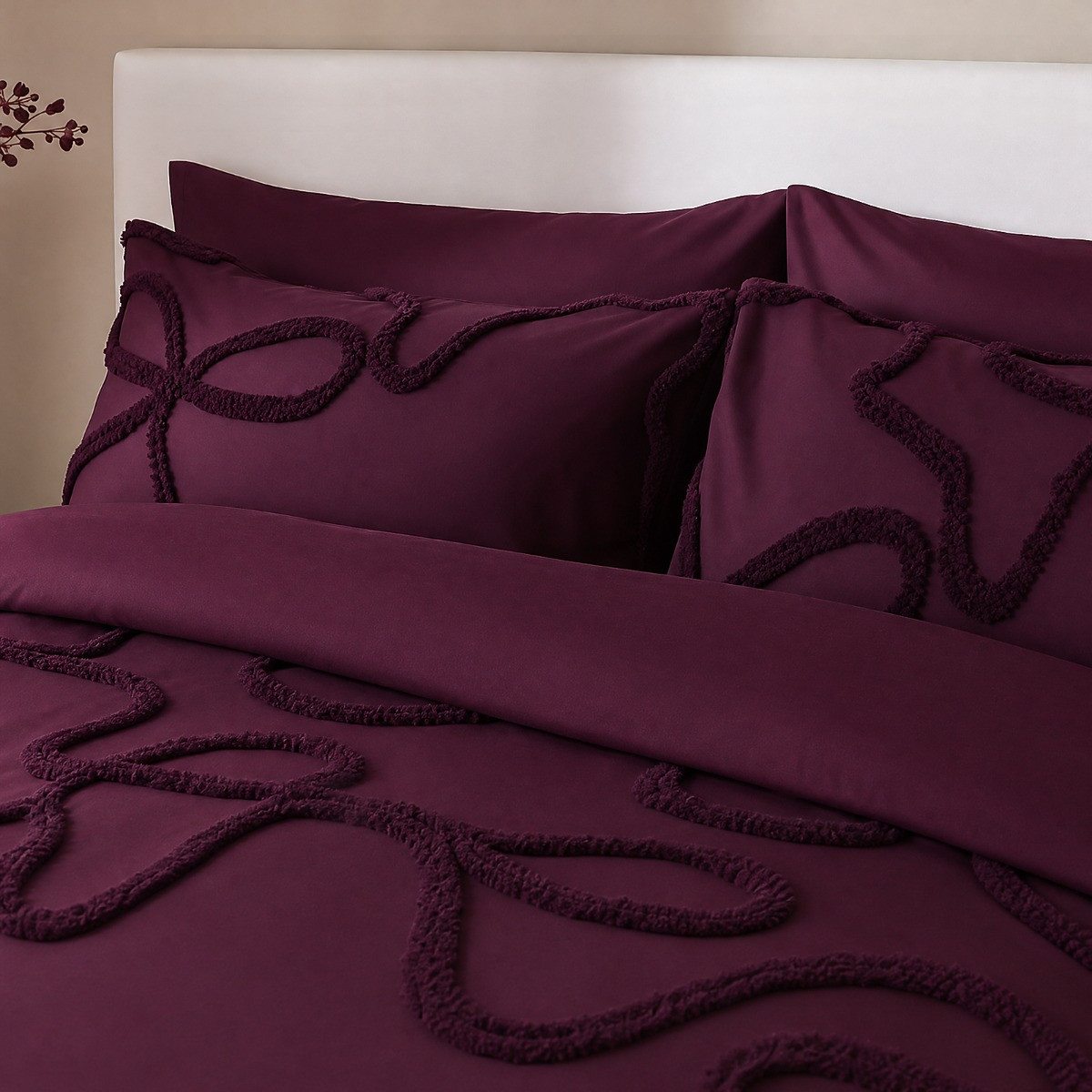 OHS Tufted Bows Duvet Cover Set - Plum>