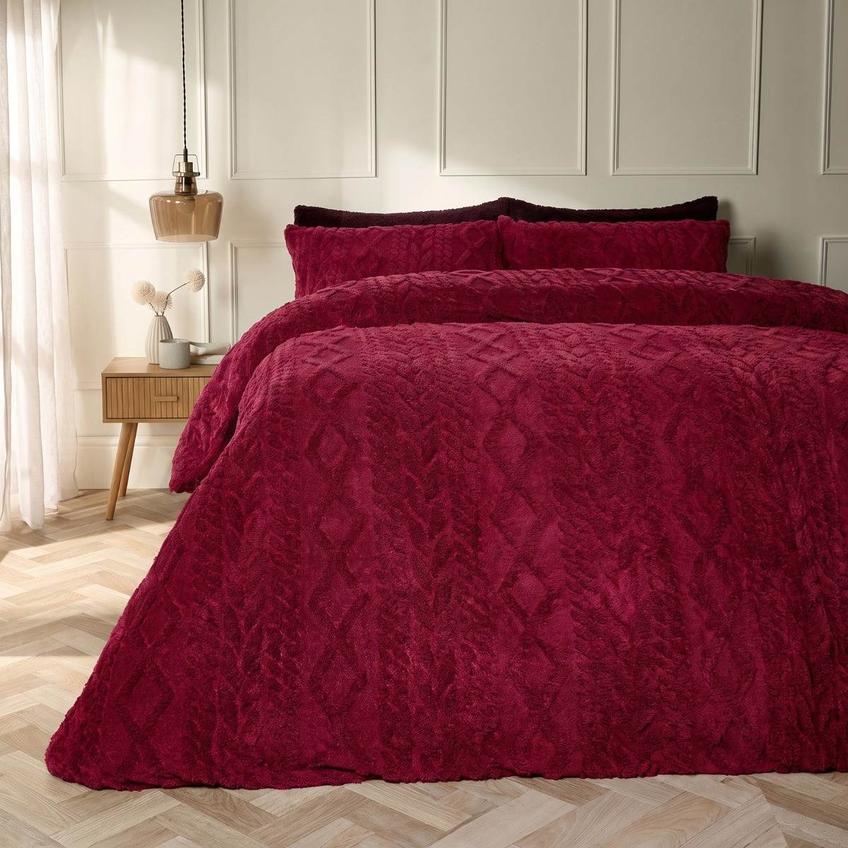 OHS Cable Knit Sherpa Fleece Duvet Cover Set - Burgundy>