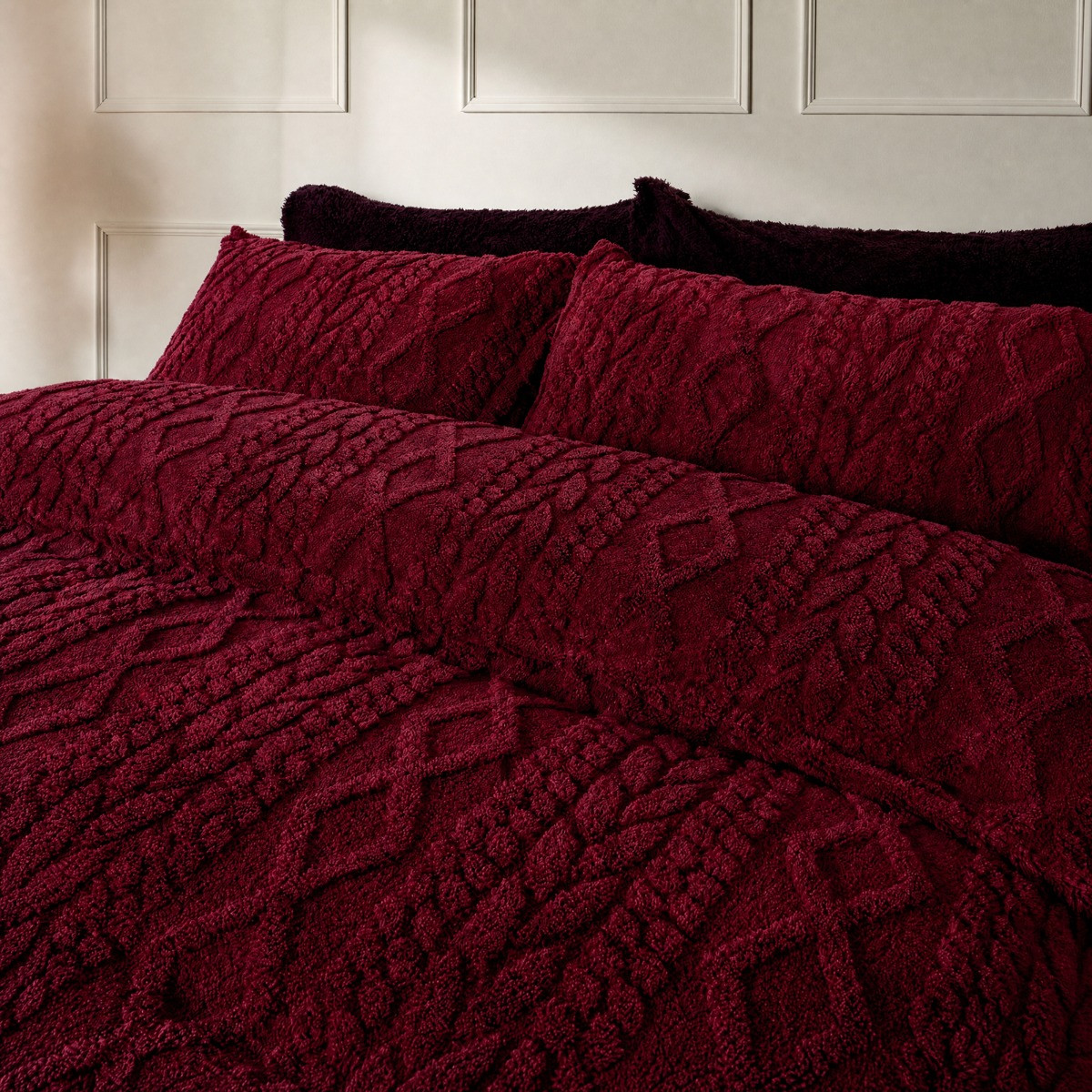 OHS Cable Knit Sherpa Fleece Duvet Cover Set - Burgundy>