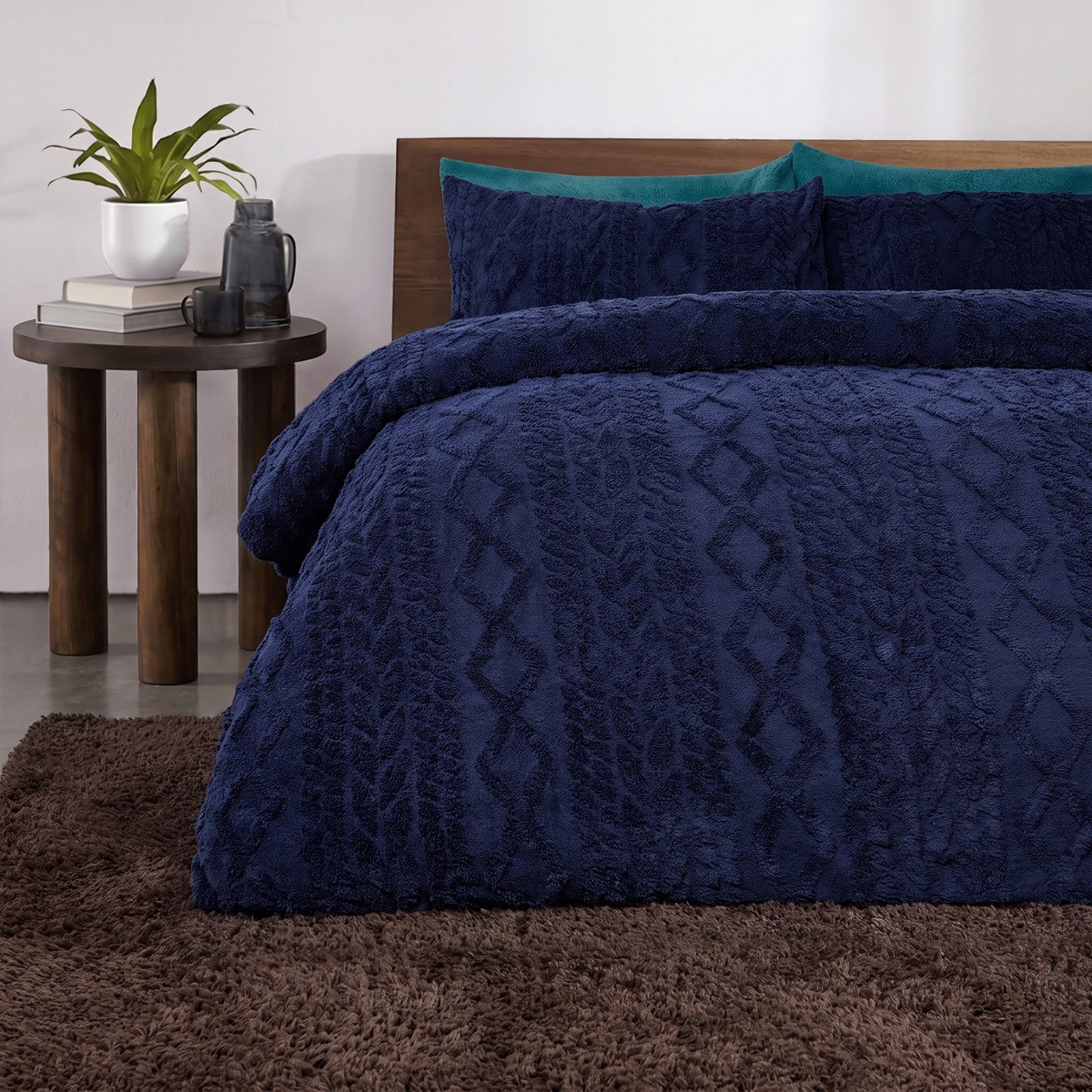 OHS Cable Knit Sherpa Fleece Duvet Cover Set - Navy>