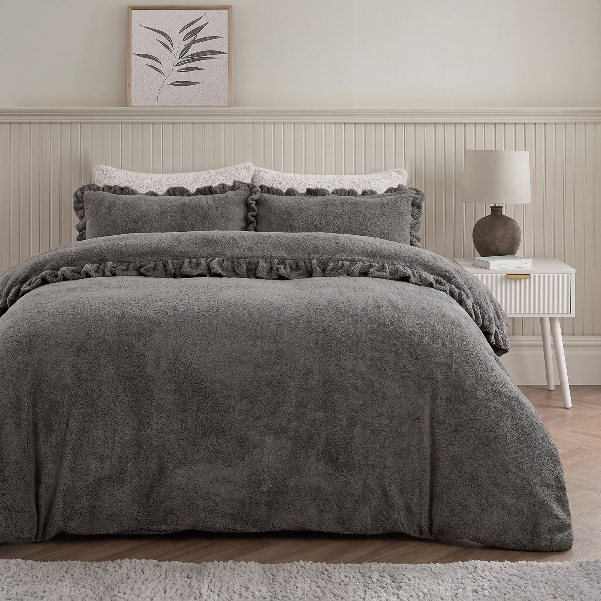 OHS Frill Teddy Duvet Cover Set - Charcoal>