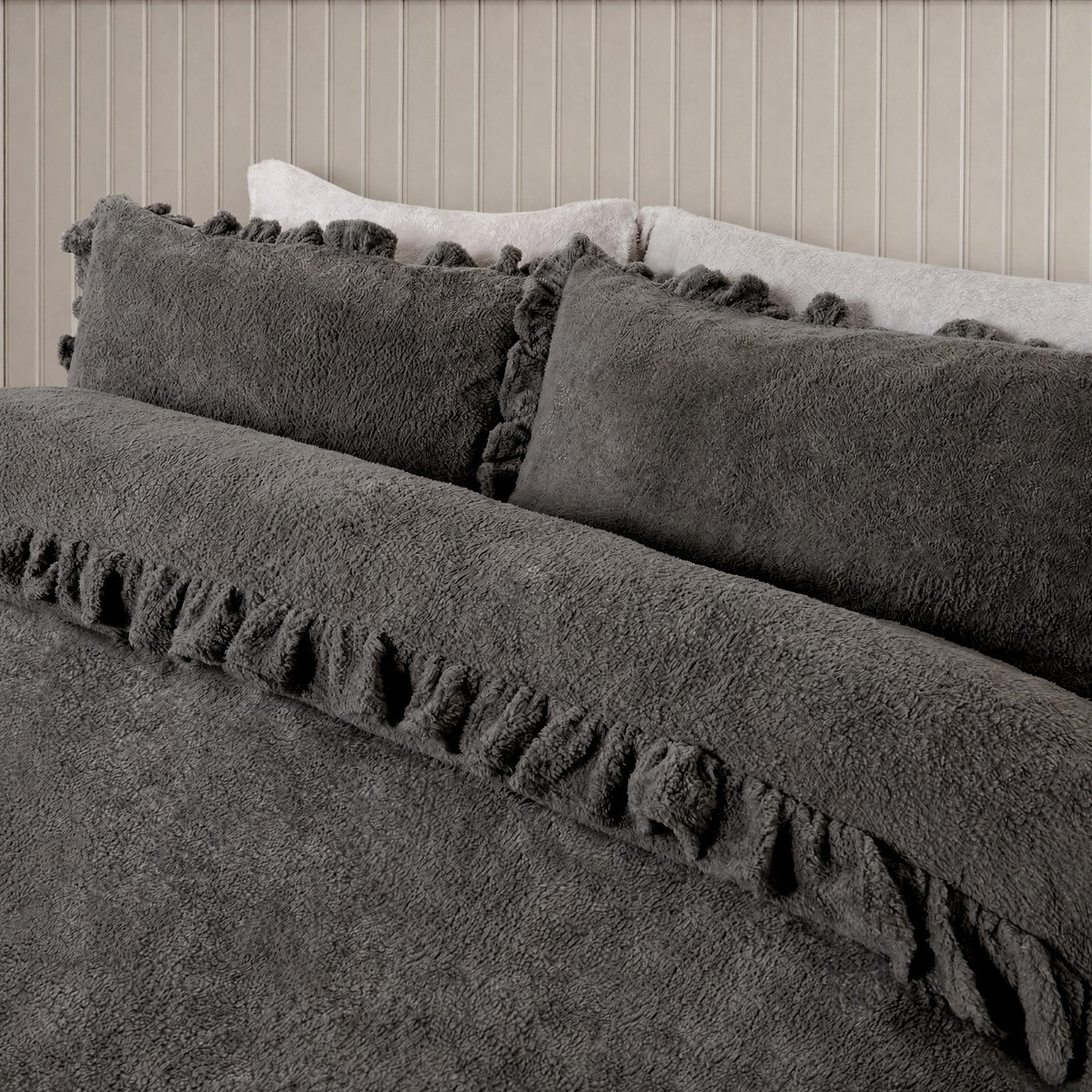 OHS Frill Teddy Duvet Cover Set - Charcoal>