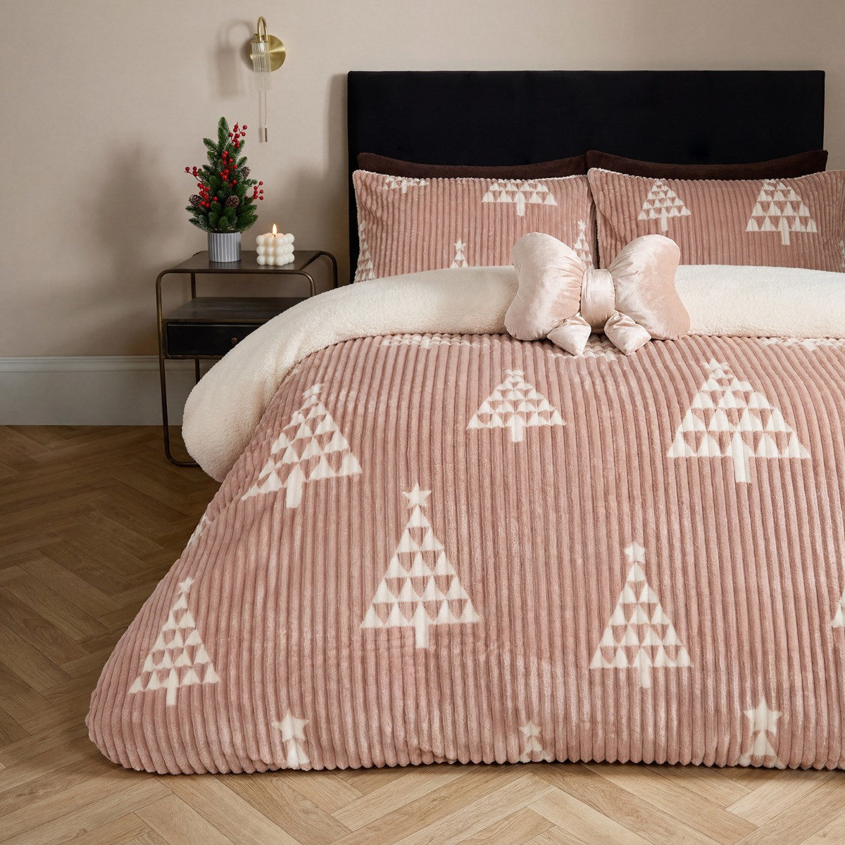 OHS Winter Tree Print Ribbed Fleece Duvet Cover Set, Natural - King>