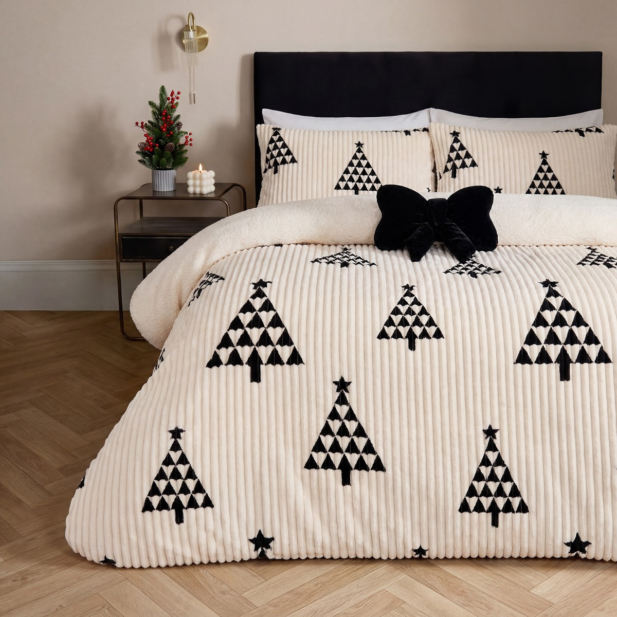 OHS Winter Tree Print Ribbed Fleece Duvet Cover Set - Monochrome>