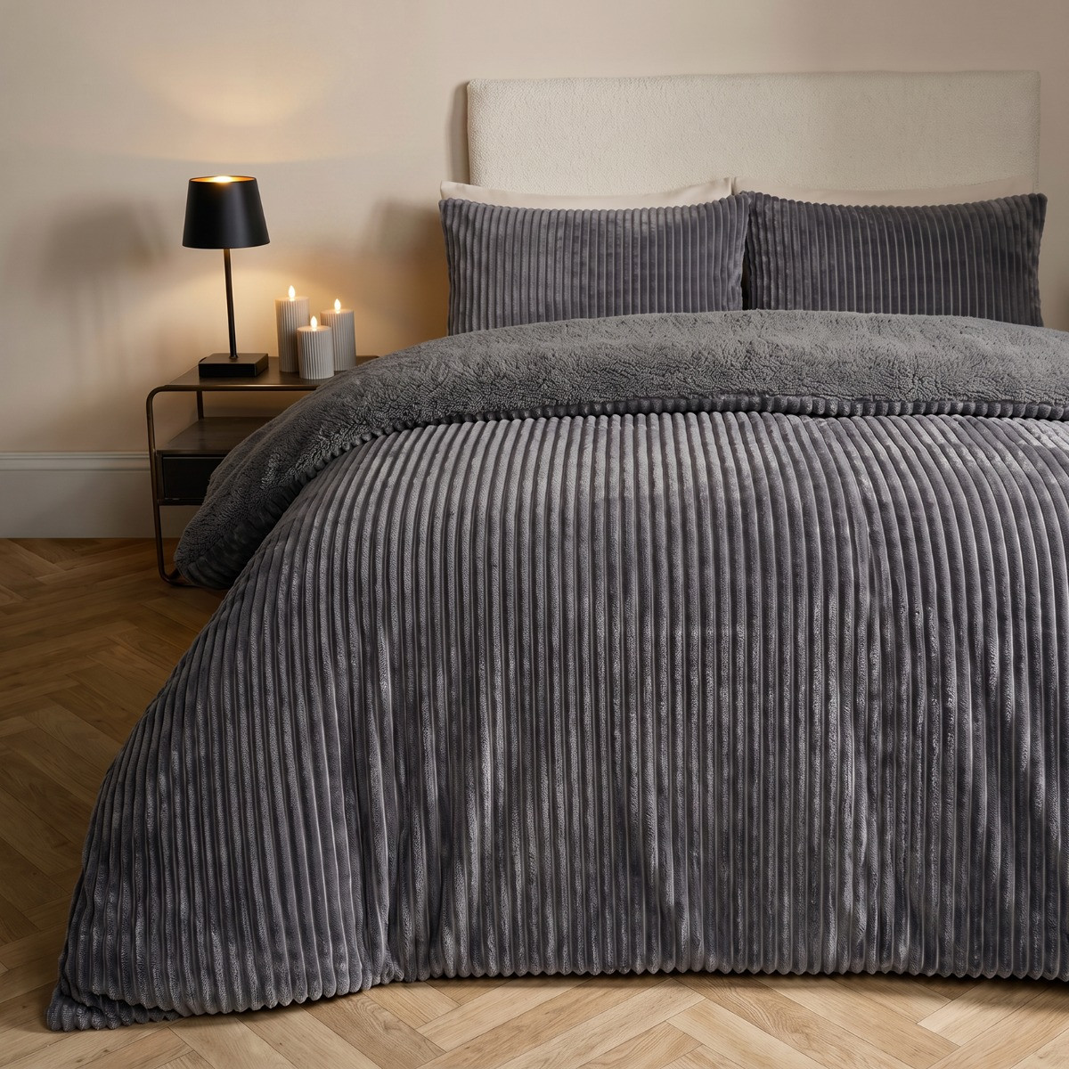 OHS Ribbed Fleece Duvet Cover Set - Charcoal>