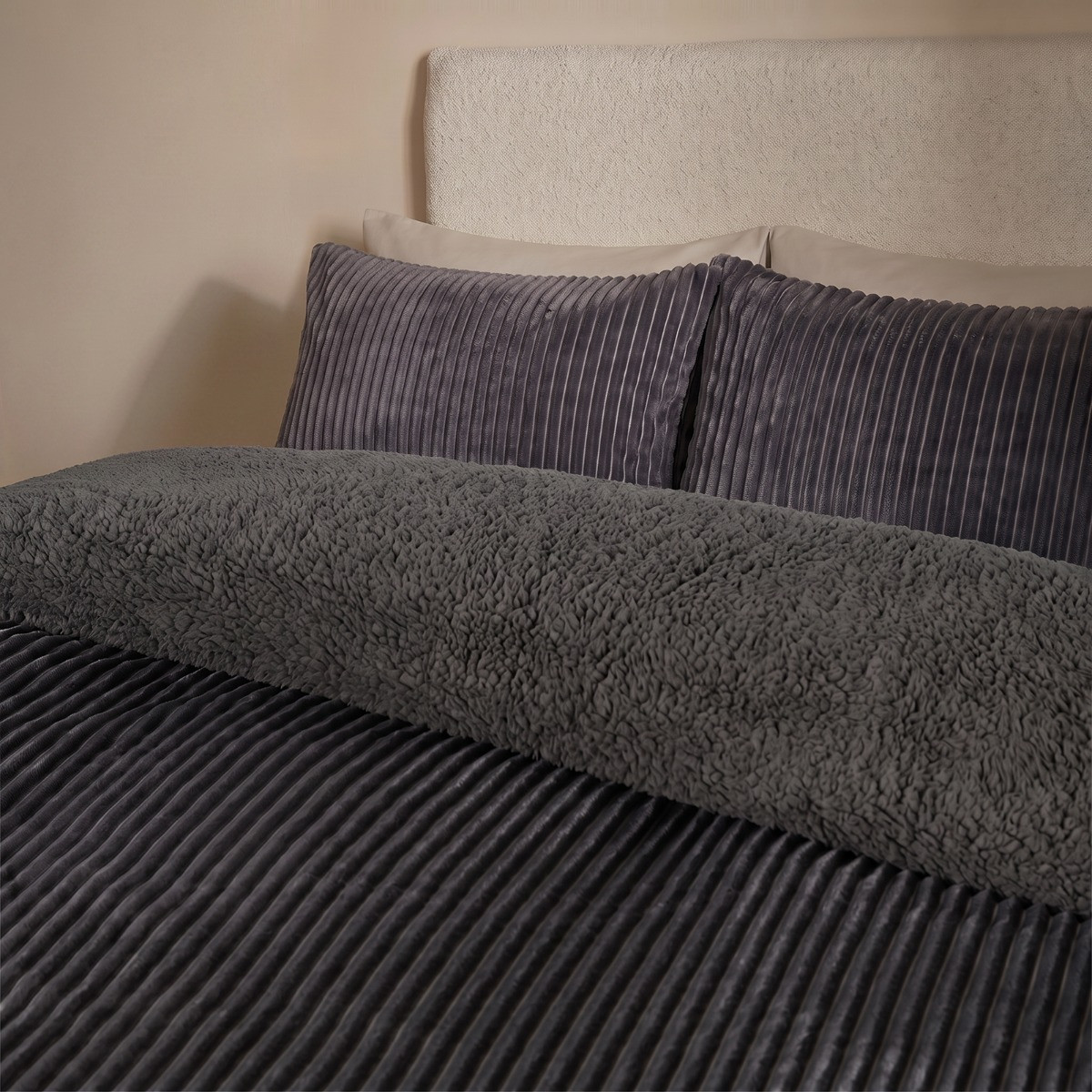 OHS Ribbed Fleece Duvet Cover Set - Charcoal>