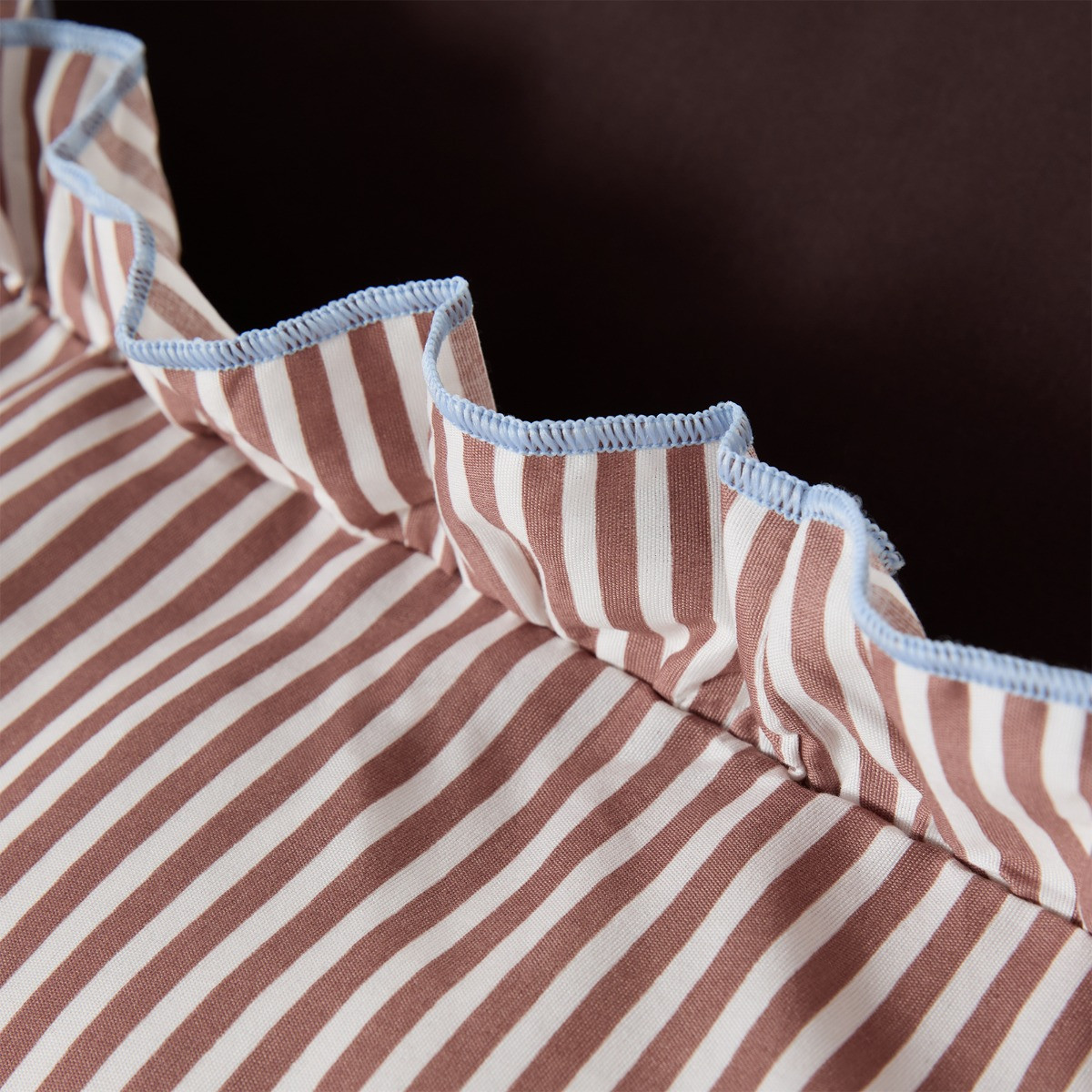 OHS Stripe Print Contrast Frill Edge Duvet Cover Set - Brown/White>