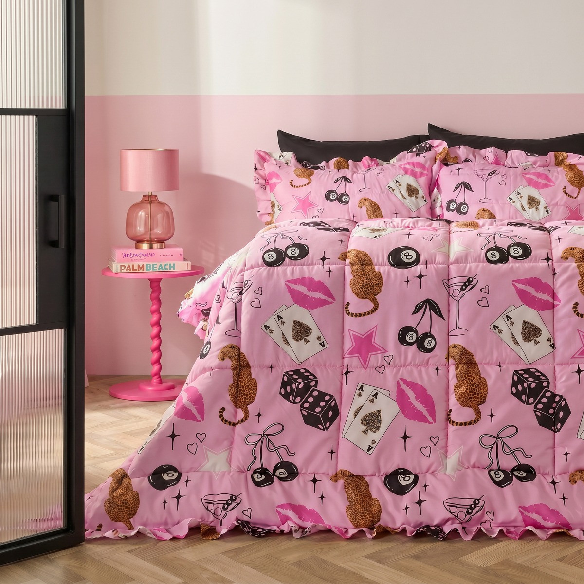OHS Leopard Dice Print Frill Edge Coverless 7.5 Tog Duvet Set - Pink>