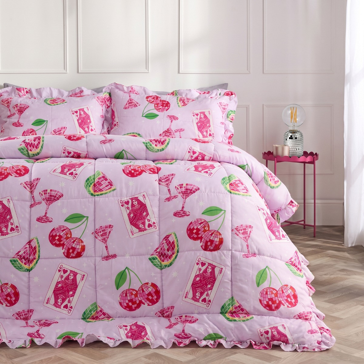 OHS Disco Print Frill Edge Coverless 7.5 Tog Duvet Set - Purple/Pink>