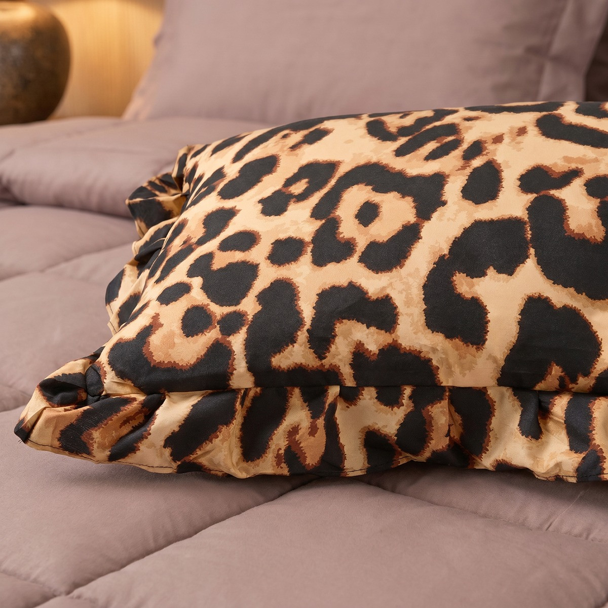 OHS Leopard Print Frill Edge Bolster Pillow - Natural>