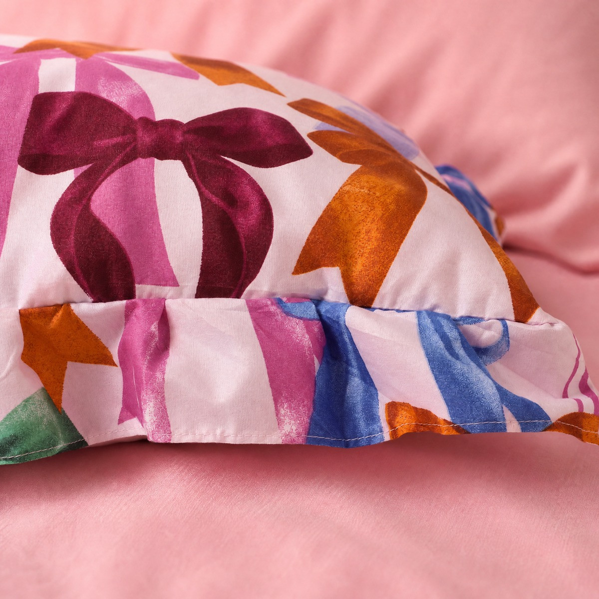 OHS Bow Print Frill Edge Bolster Pillow - Multi>
