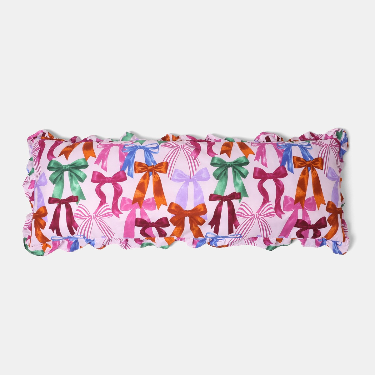 OHS Bow Print Frill Edge Bolster Pillow - Multi>