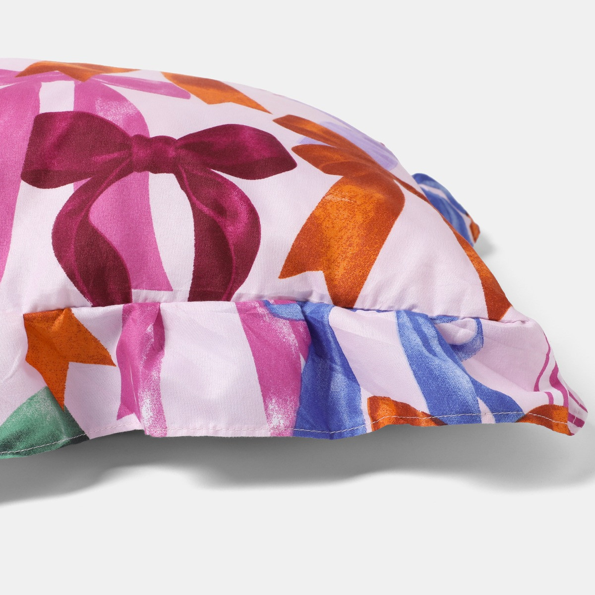 OHS Bow Print Frill Edge Bolster Pillow - Multi>