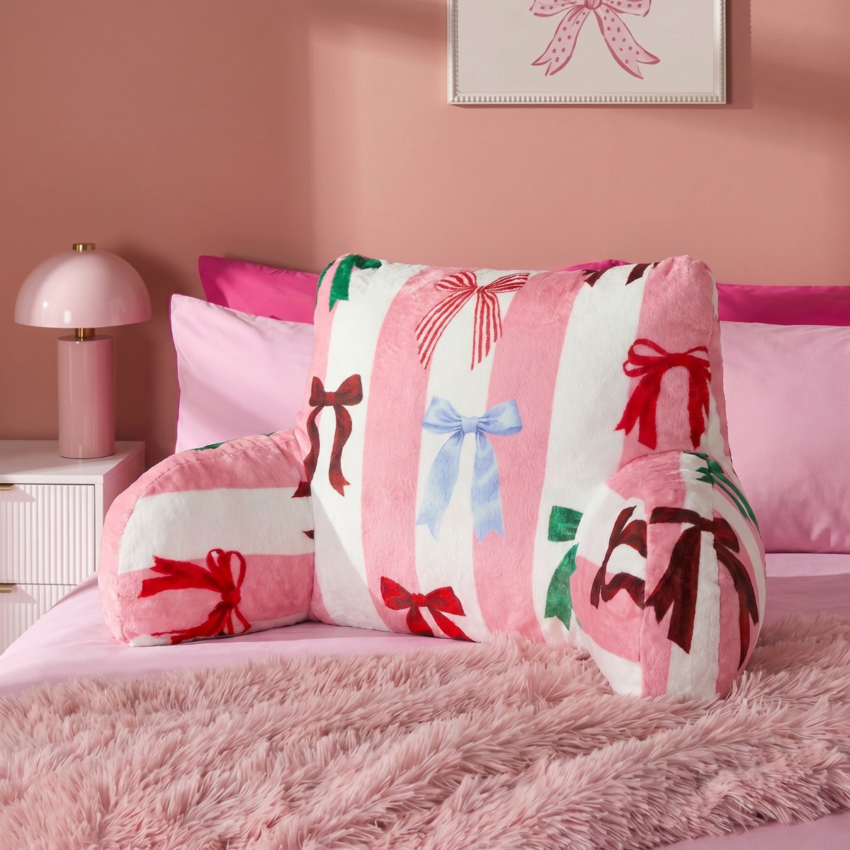 OHS Multi Bow Stripe Cuddle Cushion - Pink/White>