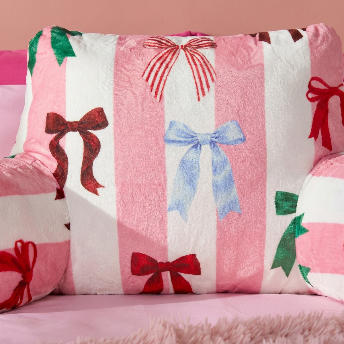 OHS Multi Bow Stripe Cuddle Cushion - Pink/White>