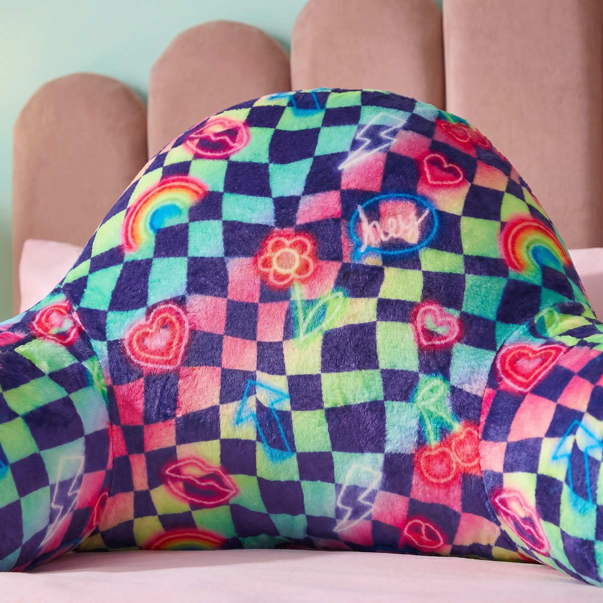 OHS Kids Neon Checkerboard Print Cuddle Cushion - Multi>