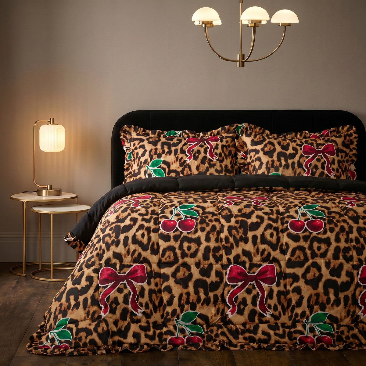 OHS Bow Leopard Print Frill Edge Coverless 7.5 Tog Duvet Set - Natural>