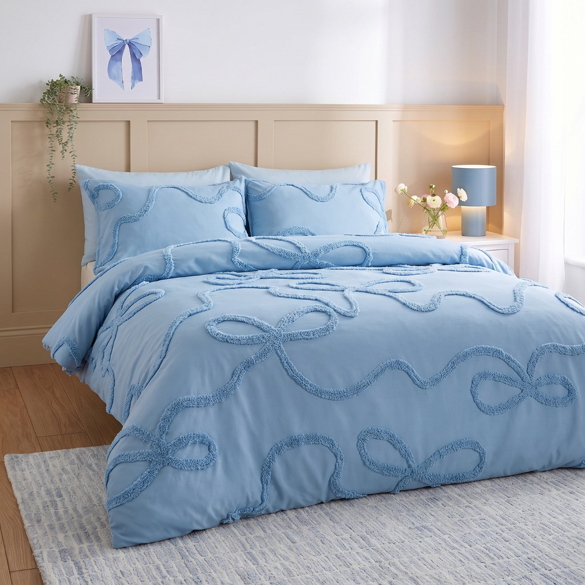 OHS Tufted Bow Duvet Cover Set - Dusky Blue>