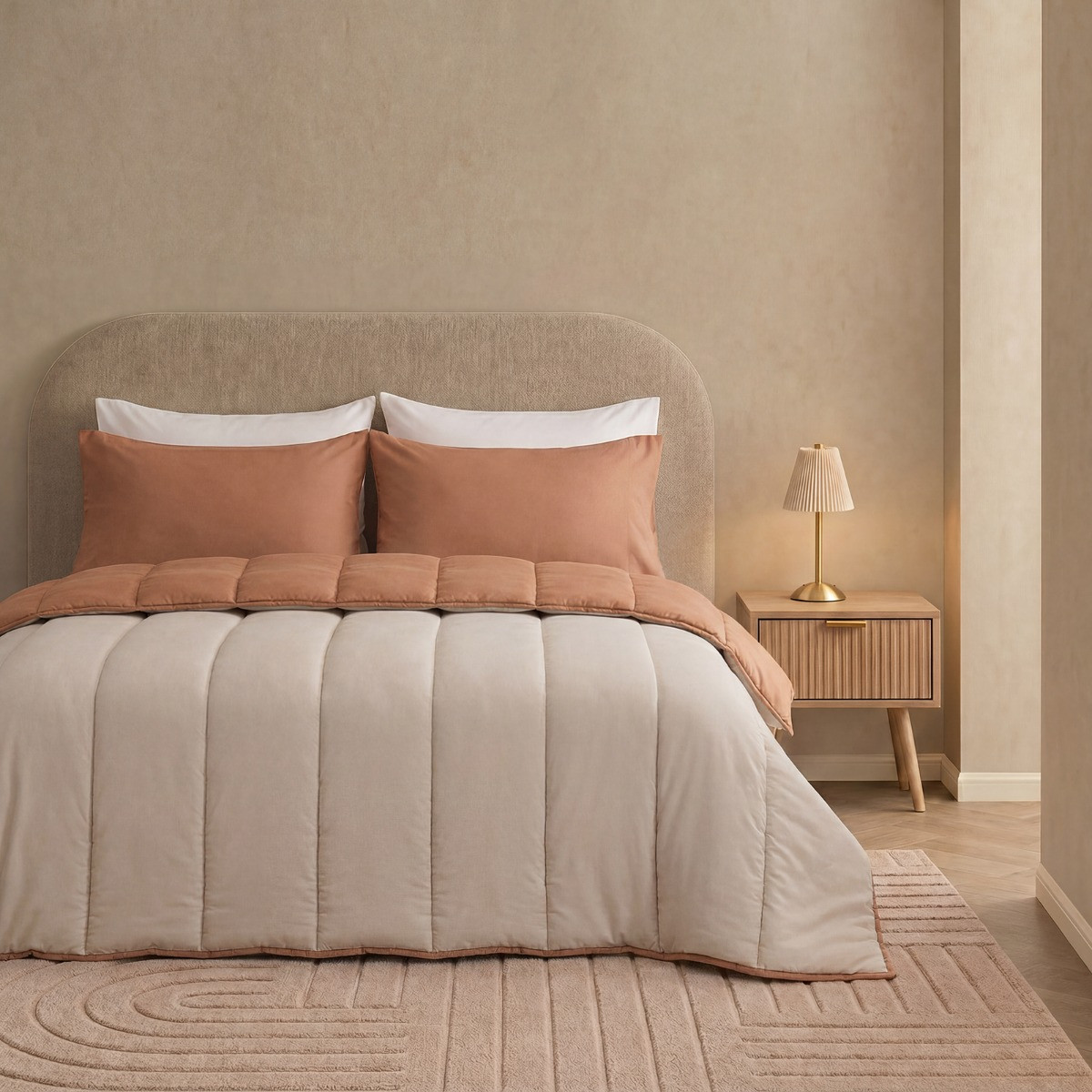 OHS Coverless 10.5 Tog Reversible Duvet Set - Stone/Toffee>