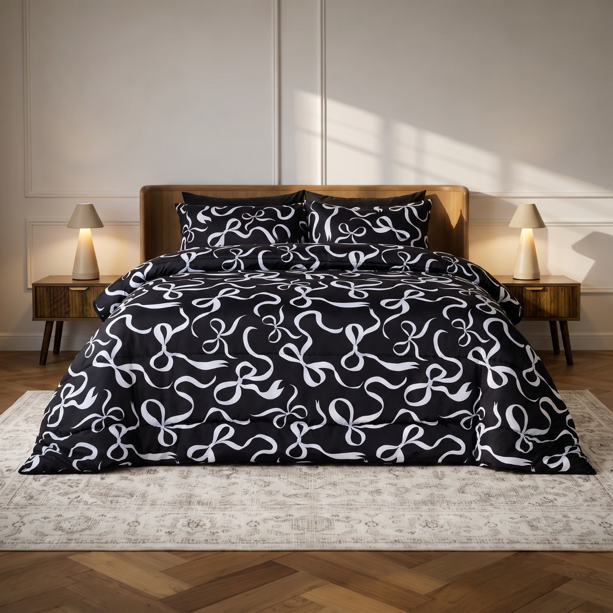 OHS Ribbon Bow Print Coverless 10.5 Tog Duvet Set - Monochrome>
