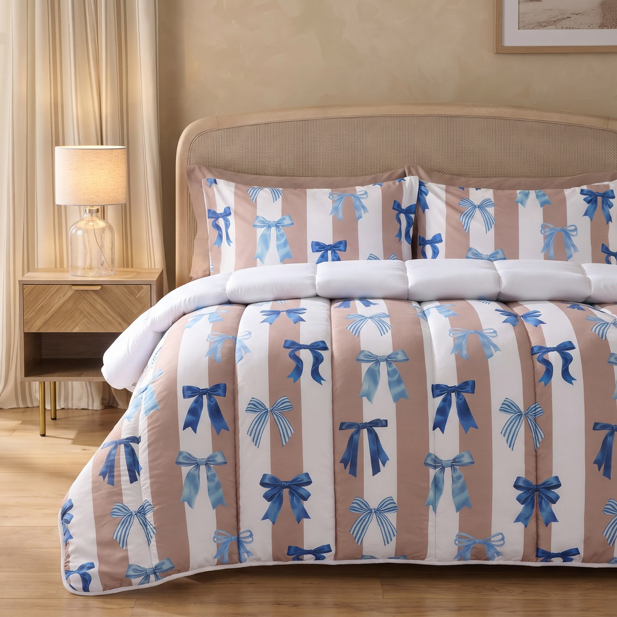 OHS Multi Bow Stripe Coverless 10.5 Tog Duvet Set - Natural/White>