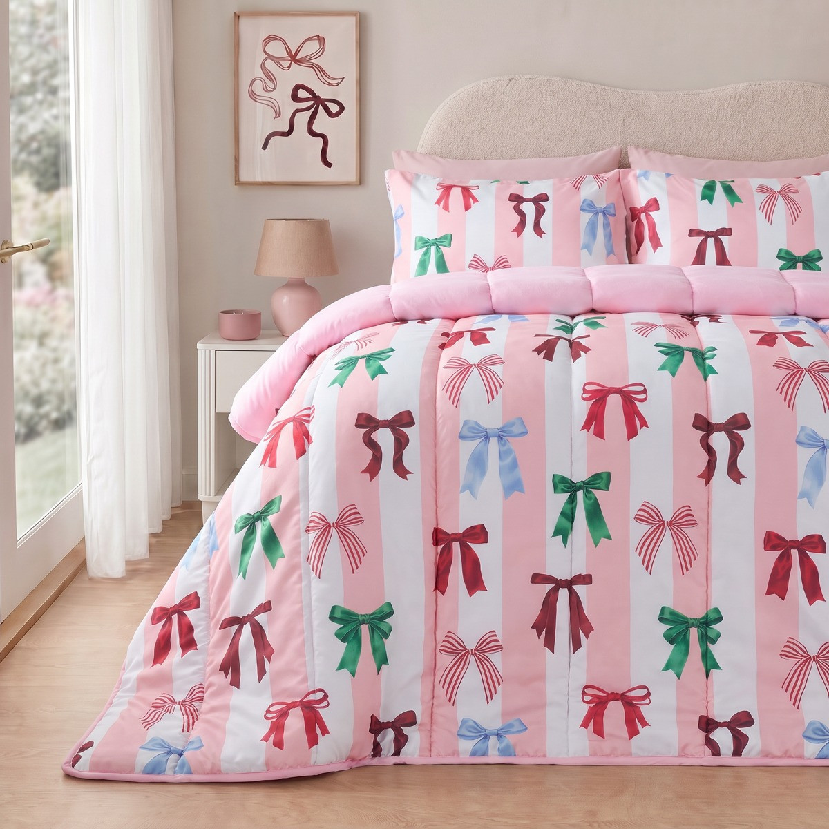 OHS Multi Bow Stripe Coverless 10.5 Tog Duvet Set - Pink/White>