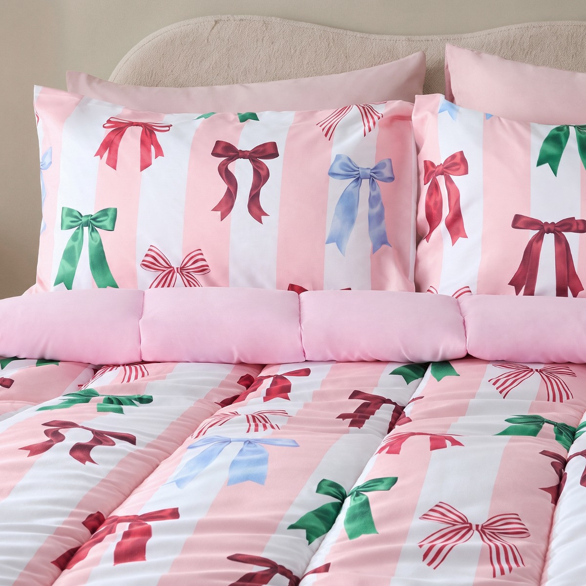 OHS Multi Bow Stripe Coverless 10.5 Tog Duvet Set - Pink/White>