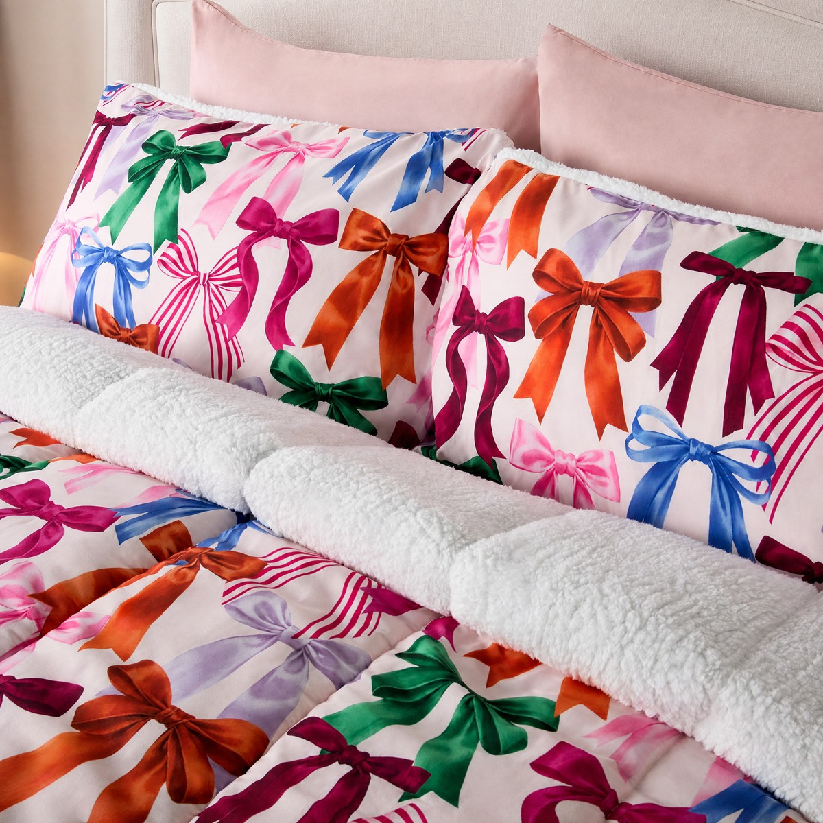 OHS Bow Print Coverless Sherpa Fleece 10.5 Tog Duvet Set - Multi>