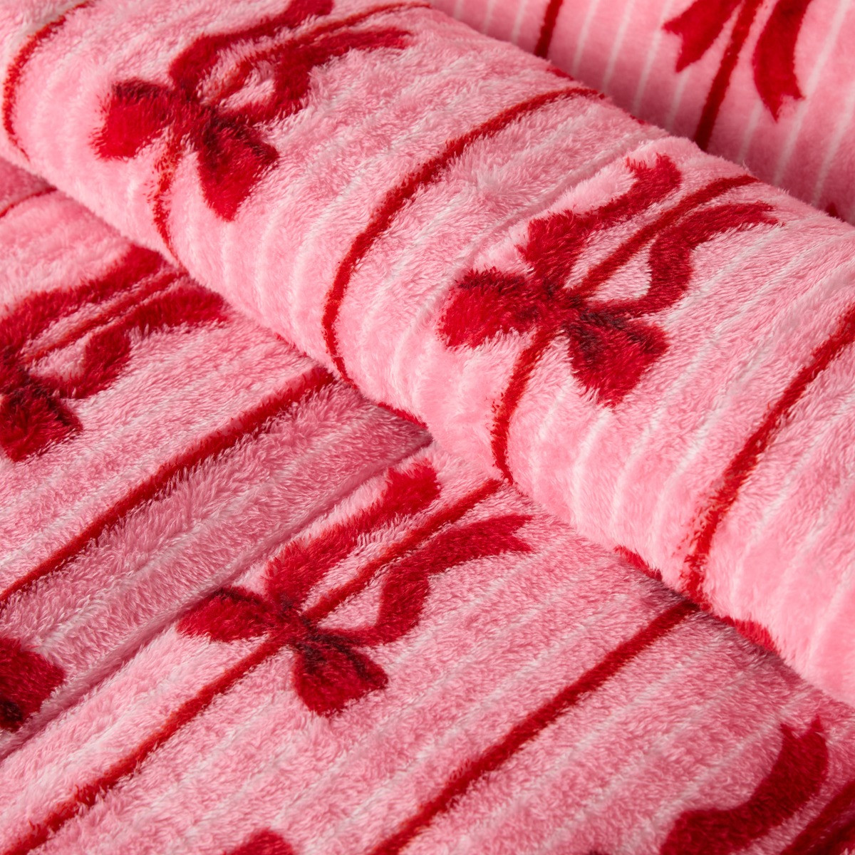 OHS Bow Stripe Print Teddy Coverless 10.5 Tog Duvet Set - Pink>