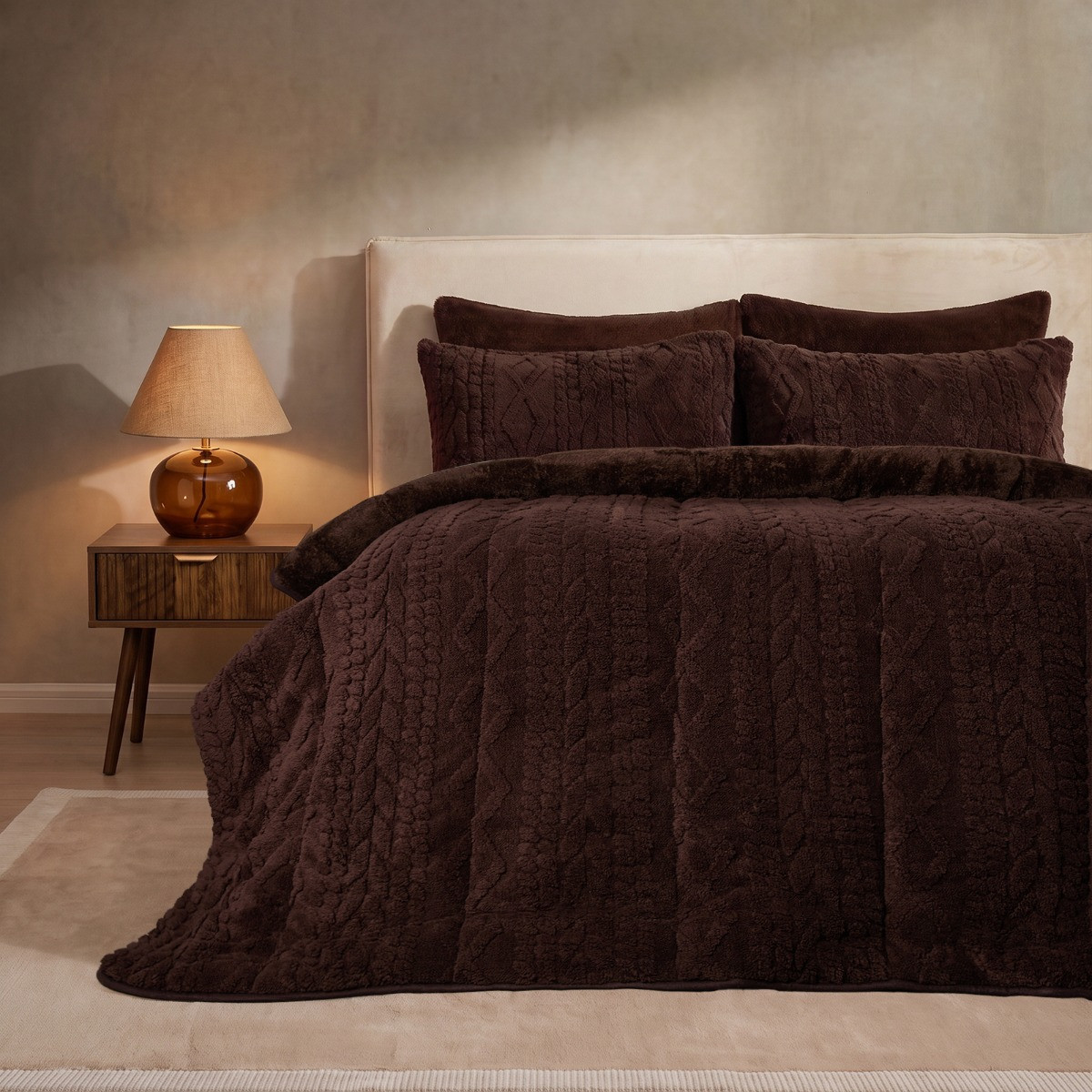 OHS Coverless Cable Knit 10.5 Tog Duvet Set - Coffee>