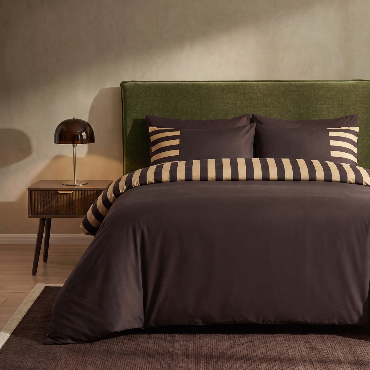 OHS Stripe Edge Duvet Cover Set - Coffee/Natural>