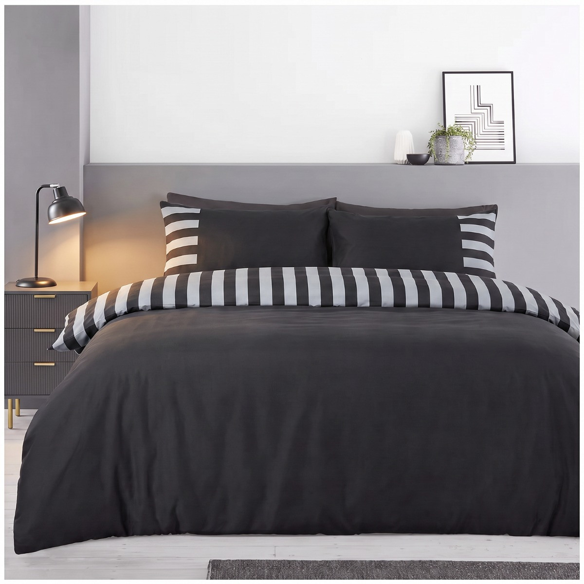 OHS Stripe Edge Duvet Cover Set - Charcoal/Silver>