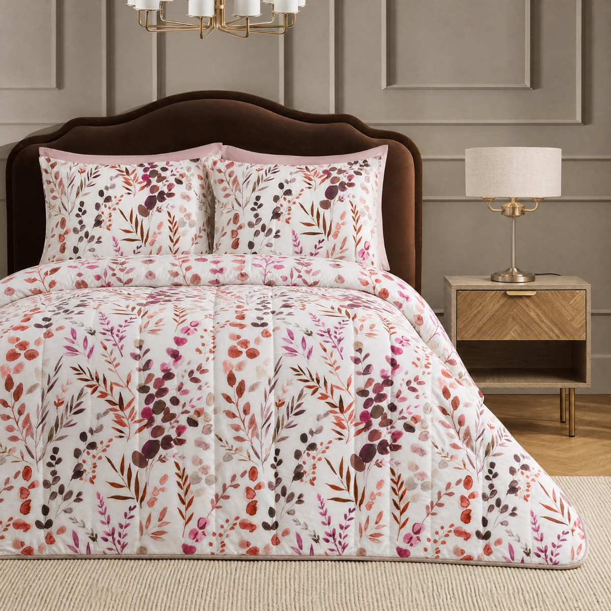 OHS Floral Print Coverless 10.5 Tog Duvet Set - White/Burgundy>