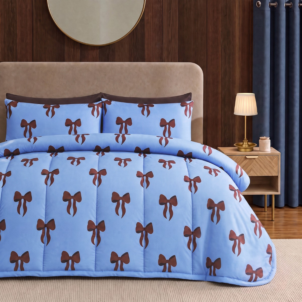 OHS Bow Coverless 10.5 Tog Duvet Set - Brown/Light Blue>