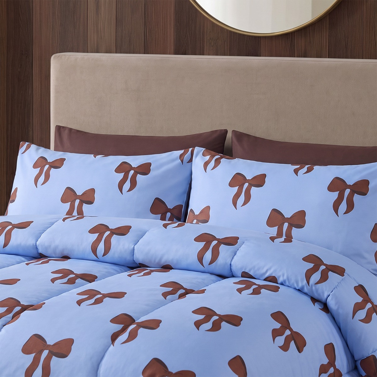 OHS Bow Coverless 10.5 Tog Duvet Set - Brown/Light Blue>