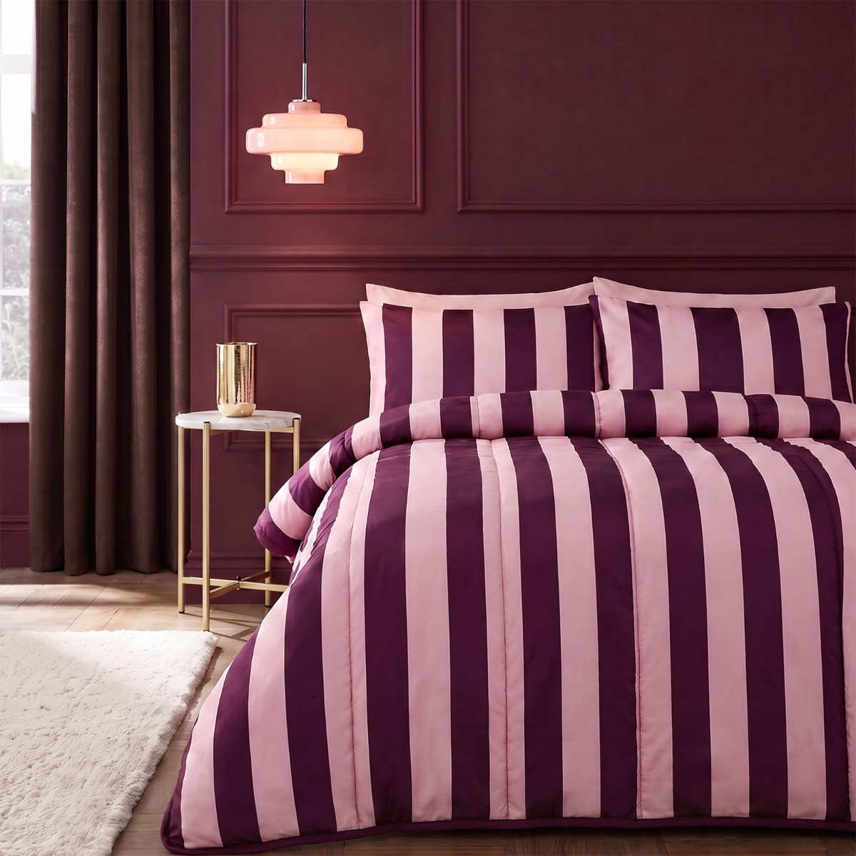 OHS Stripe Coverless 10.5 Tog Duvet Set - Burgundy/Blush>