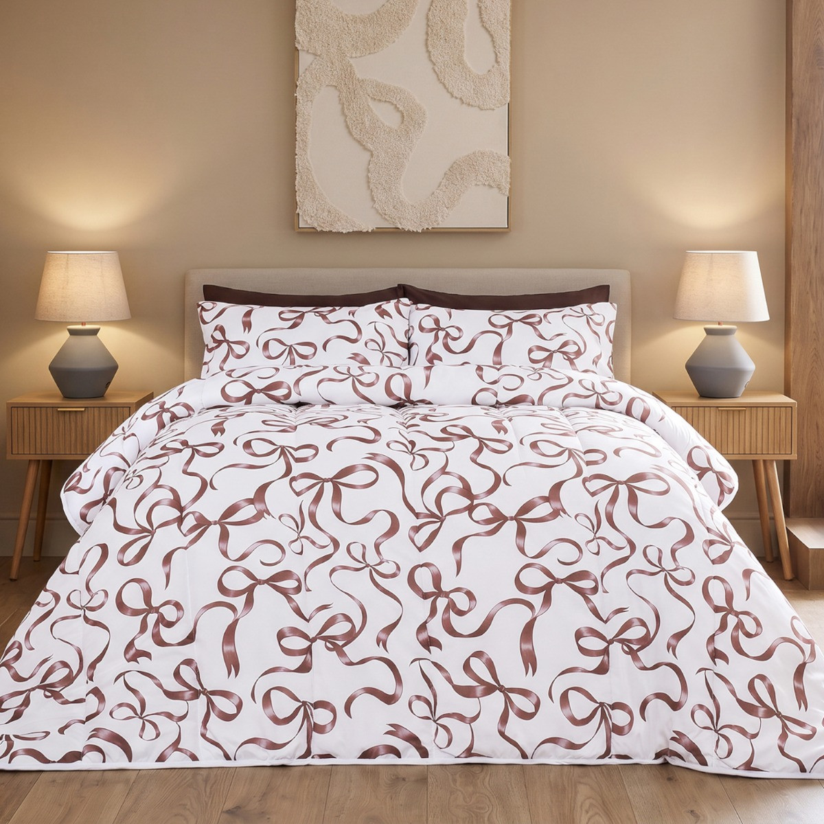 OHS Ribbon Bow Print Coverless 10.5 Tog Duvet Set - Ivory/Natural>