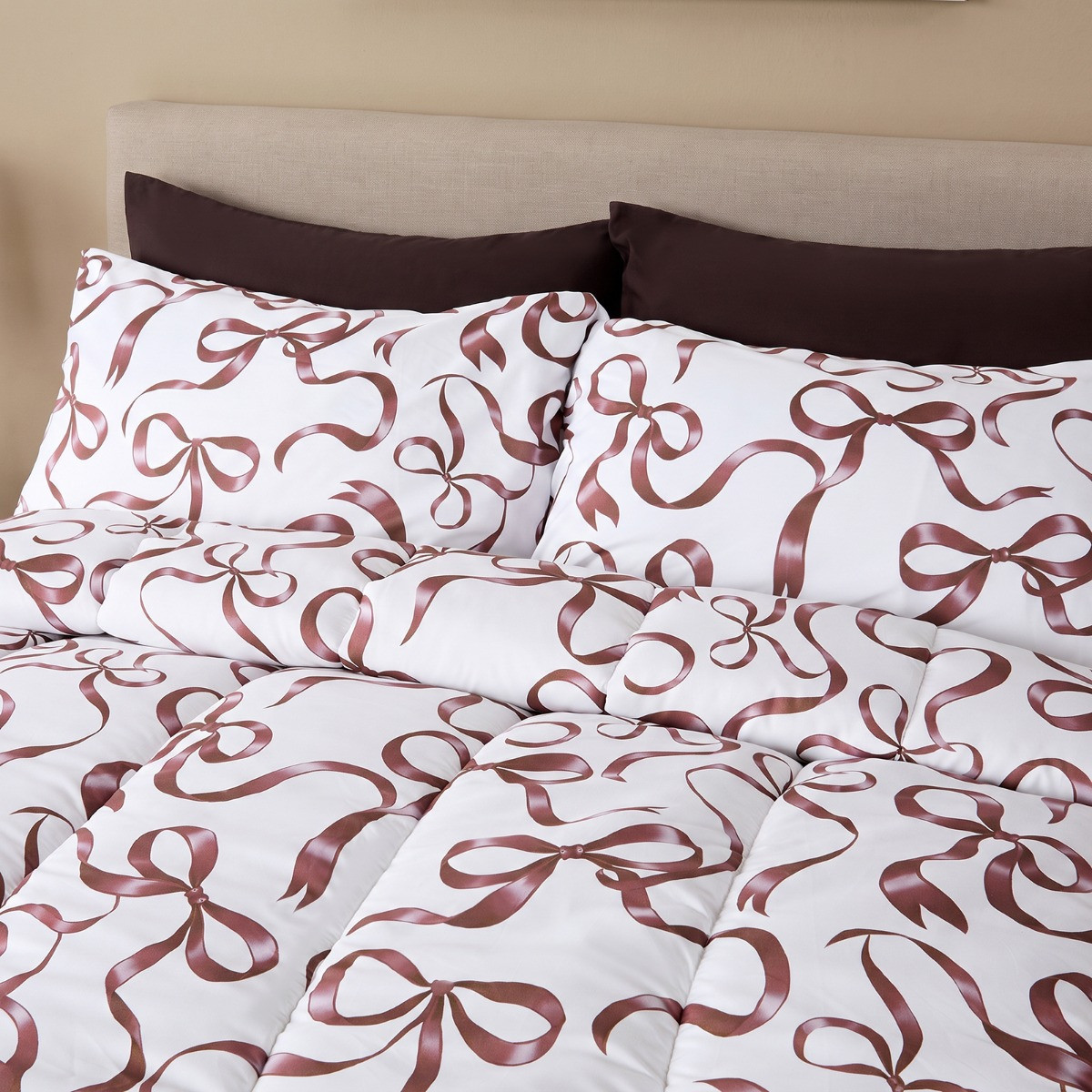 OHS Ribbon Bow Print Coverless 10.5 Tog Duvet Set - Ivory/Natural>