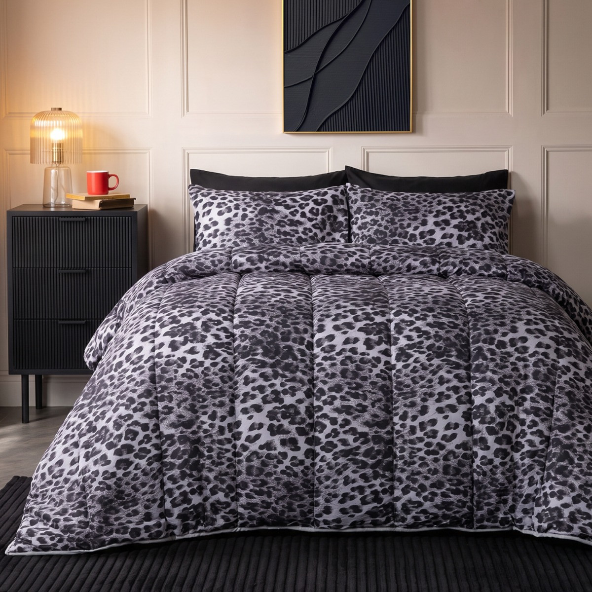 OHS Leopard Print Coverless 10.5 Tog Duvet Set - Monochrome>
