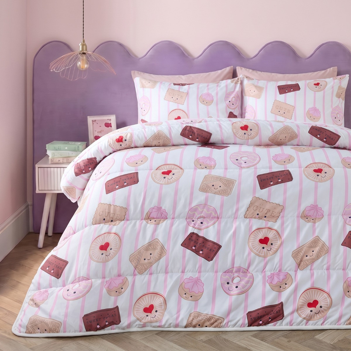 OHS Biscuit Print Stripe Coverless 10.5 Tog Duvet Set - White/Pink>
