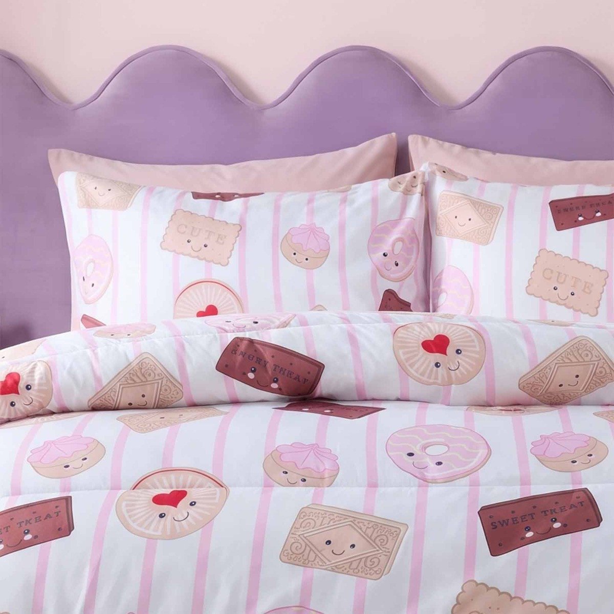 OHS Biscuit Print Stripe Coverless 10.5 Tog Duvet Set - White/Pink>