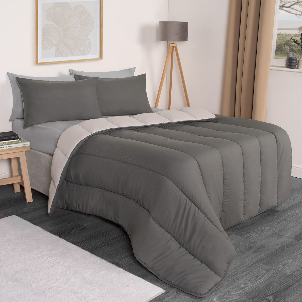 OHS Coverless 10.5 Tog Reversible Duvet & Pillowcase, Silver/Grey - Double>