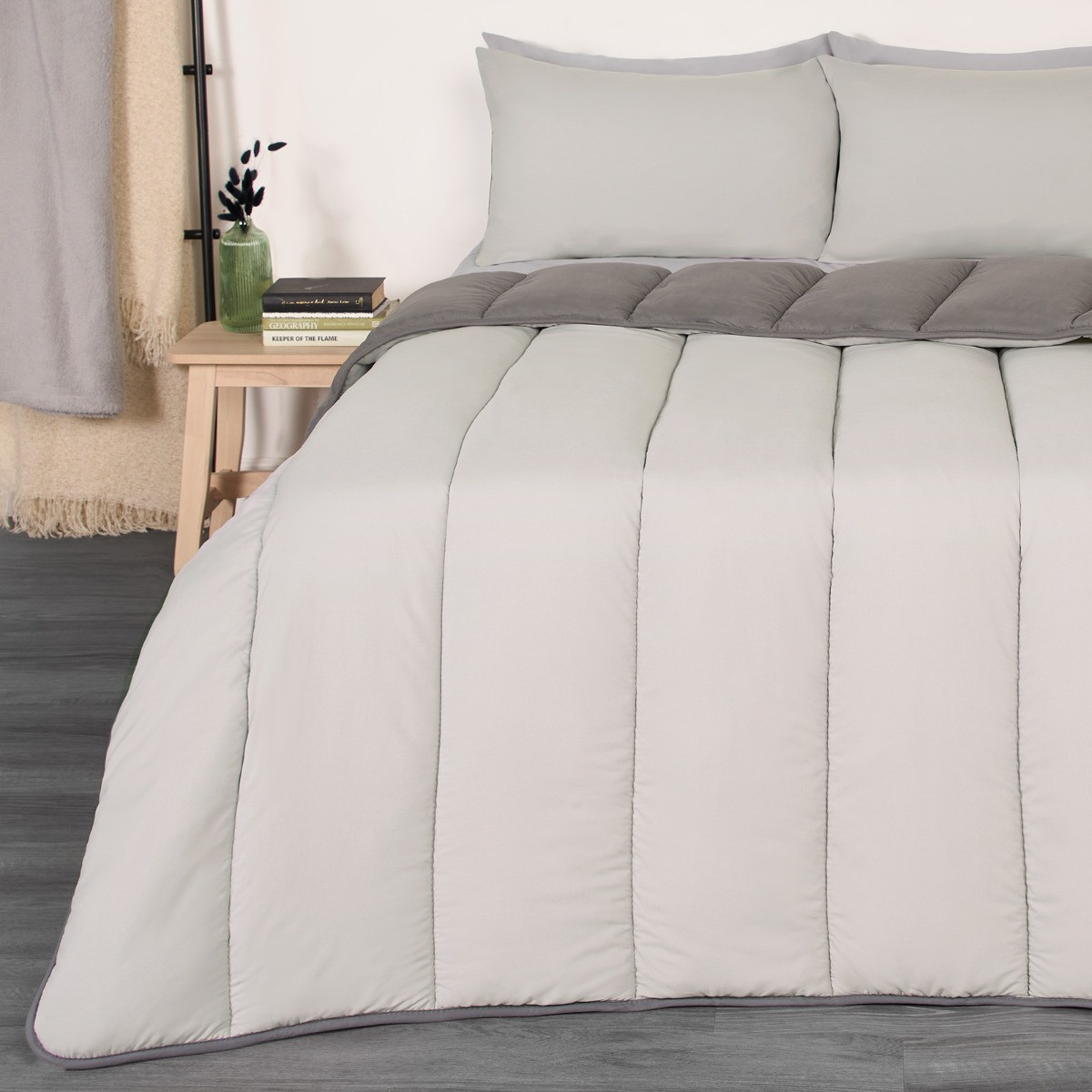 OHS Coverless 10.5 Tog Reversible Duvet & Pillowcase, Silver/Grey - Double>