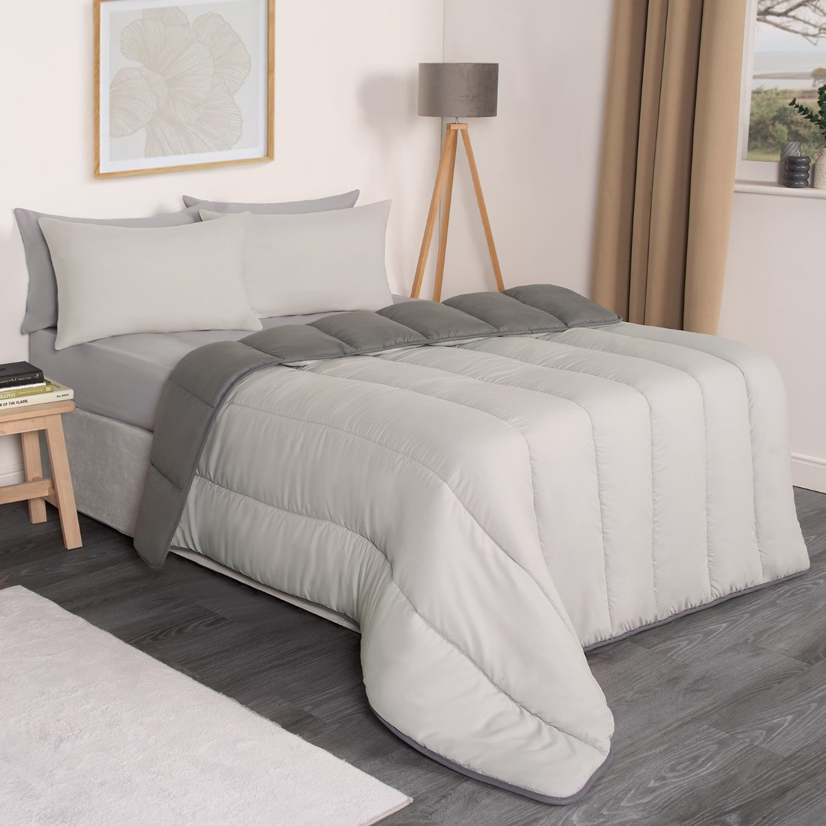 OHS Coverless 10.5 Tog Reversible Duvet & Pillowcase, Silver/Grey - Double>