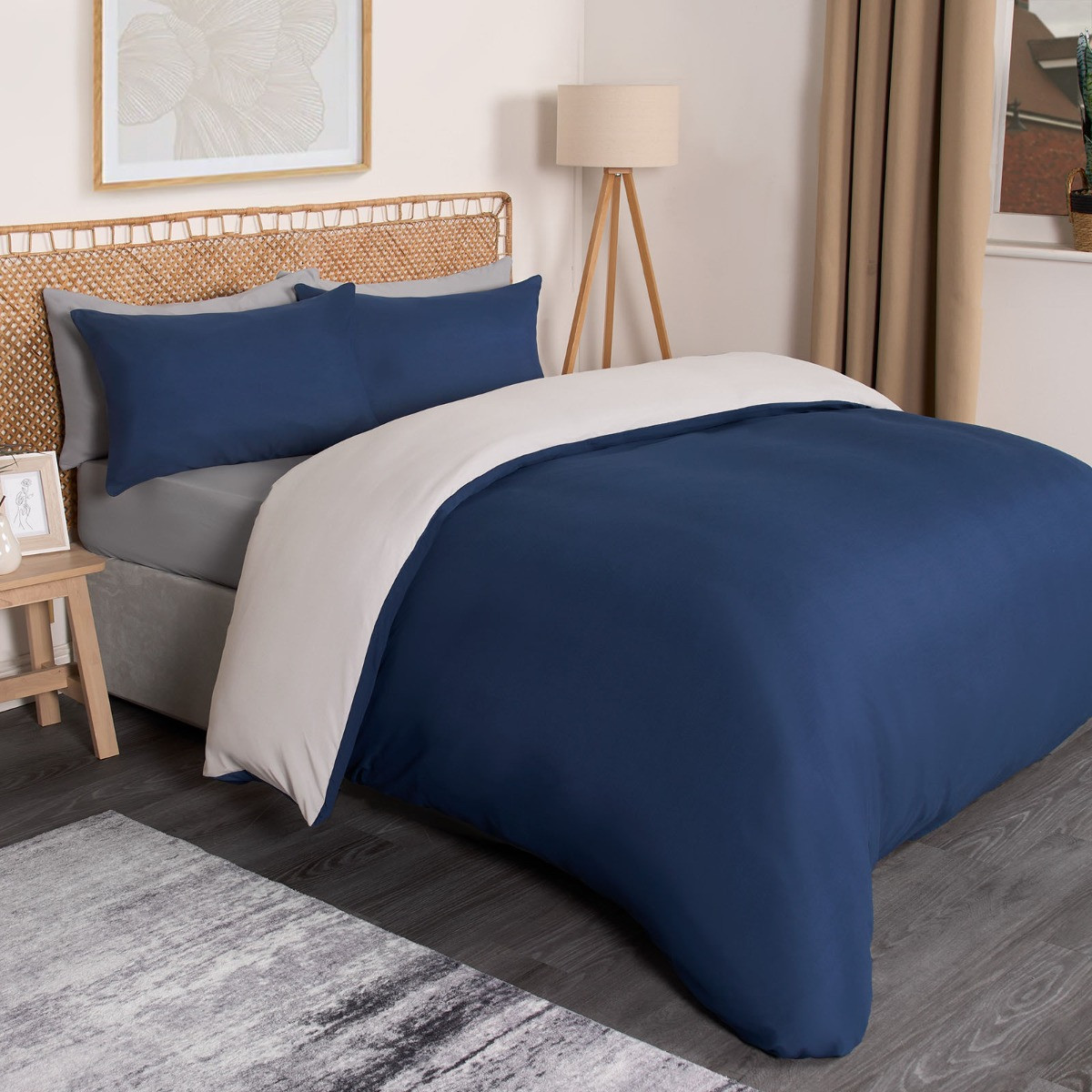OHS Reversible Duvet Cover Set, Navy/Grey - Double>