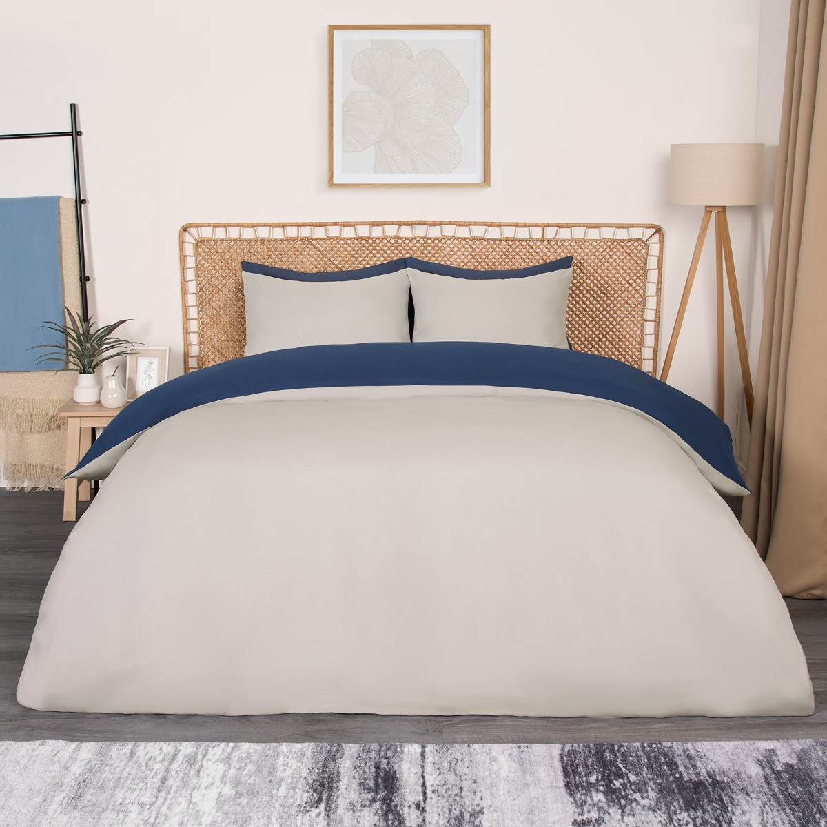 OHS Reversible Duvet Cover Set, Navy/Grey - Double>
