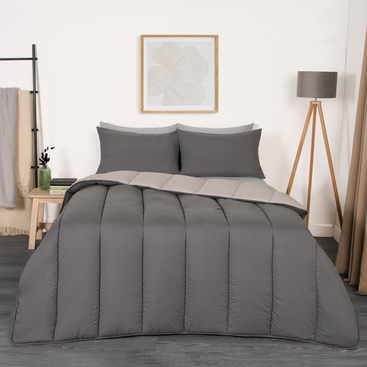 OHS Coverless 10.5 Tog Reversible Duvet & Pillowcase, Silver/Grey - Double>